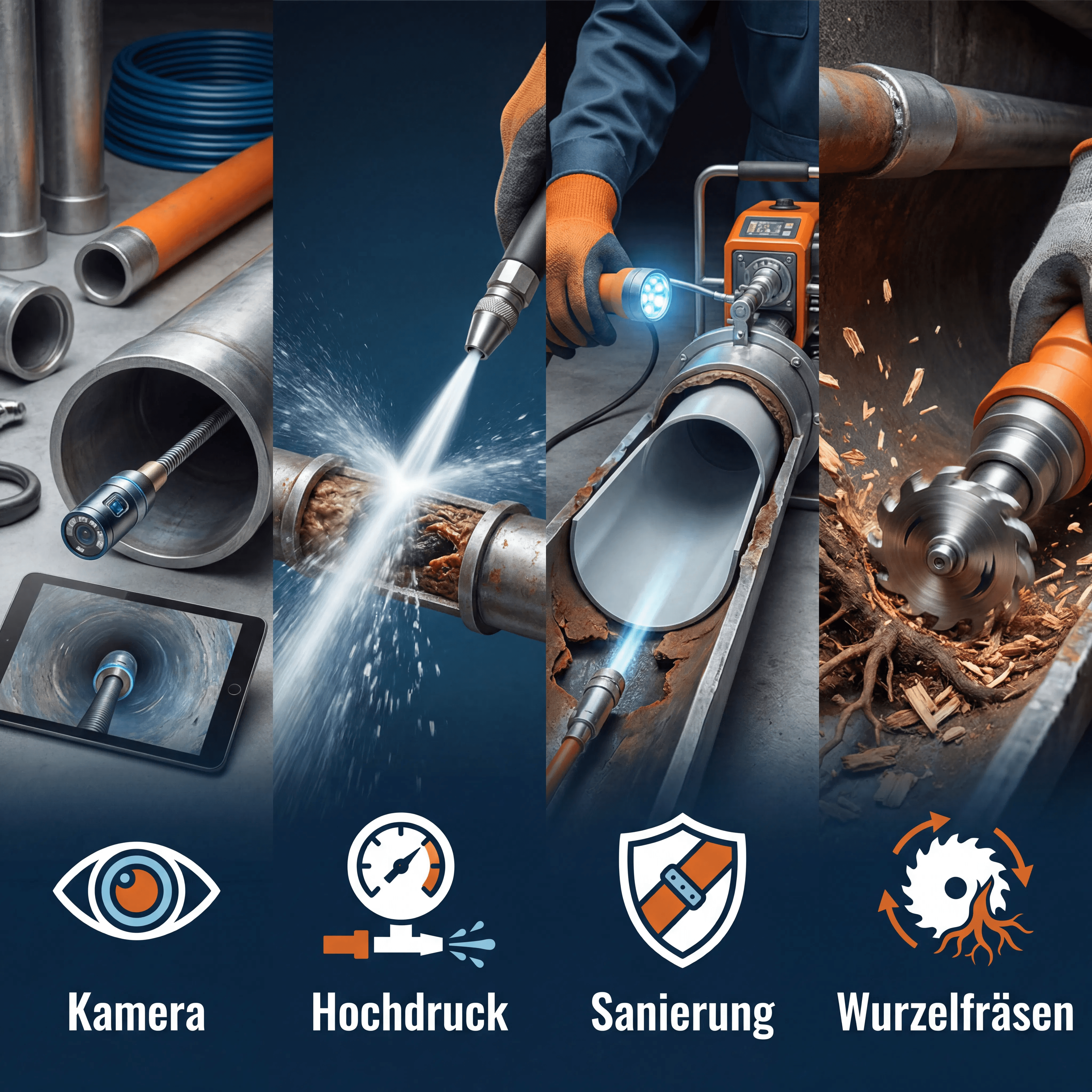 WEROKA Leistungen: Kamera, Hochdruck, Sanierung, Wurzelfräsen